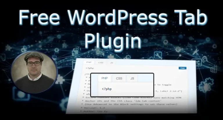 Free WordPress Tab Plugin demonstration image showing code tabs (PHP, CSS, JS) and the developer, Les Ey.